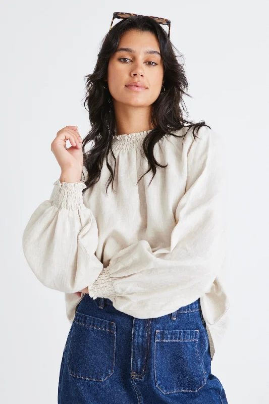 High Street Women’s Fashion for Trendy Shoppers Embrace Natural Linen Shirred Neck LS Top High Street Women’s Fashion for Trendy Shoppers Embrace Natural Linen Shirred Neck LS Top