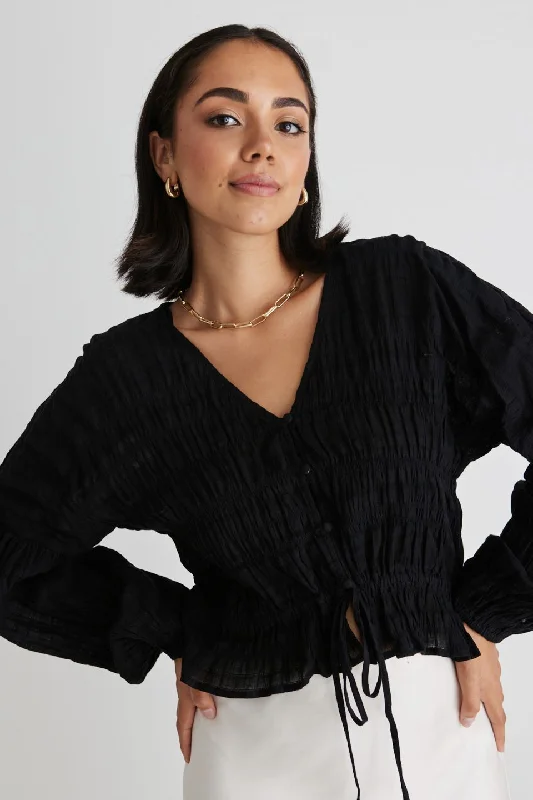Sale Clothes Online Jolie Black Shirred Cotton LS Button Down Top